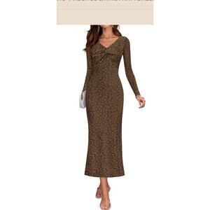 ZESICA Women's Brown Long Sleeve Floral Maxi Dress Fall Fashion Medium